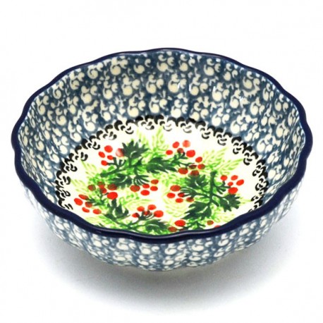 Polish Pottery Scalloped Bowl - 5" - Holly Berry