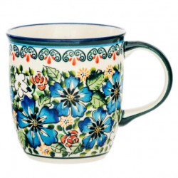 Polish Pottery Mug - 12 oz - Red/White/Blue Flowers - Unikat