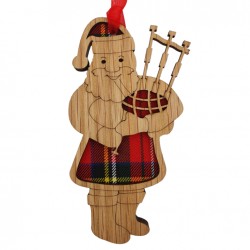 Scottish Santa with Bagpipes Tartan Wooden Ornament